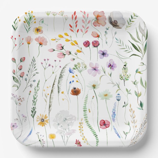 Watercolor Colourful Wildflower Meadow  Paper Plate (Front)