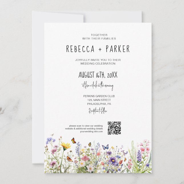 Watercolor colourful wildflowers wedding invitation (Front)