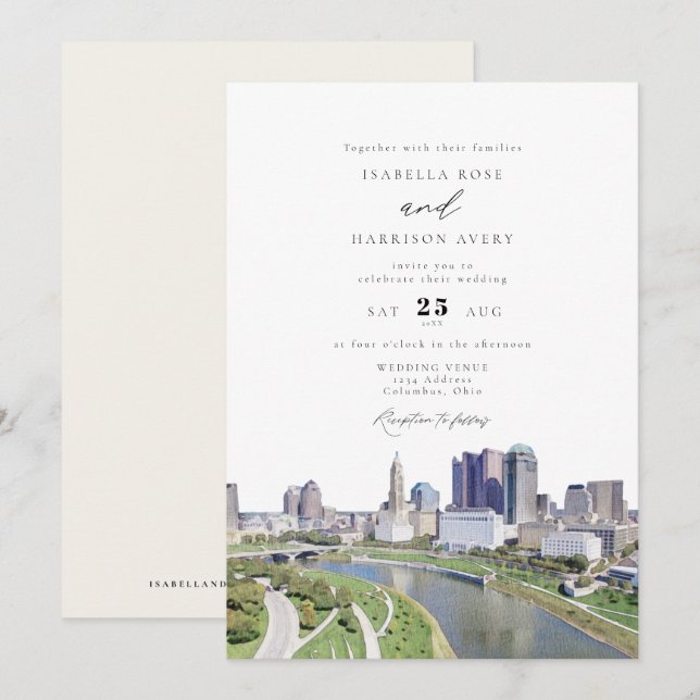 Watercolor Columbus Ohio Skyline Painting Wedding Invitation (Front/Back)