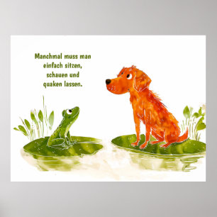 Watercolor Comic Dog and Frog on Lily Pad Poster