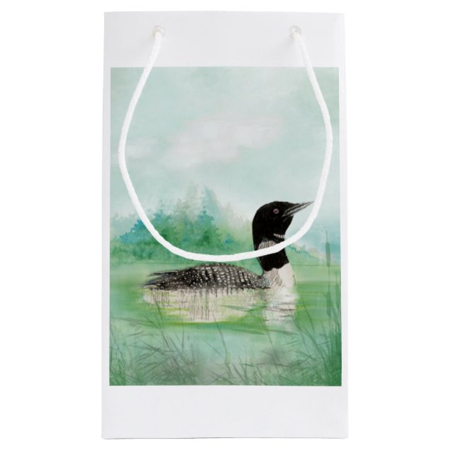 Watercolor Common Loon Bird Nature Art Small Gift Bag (Back)