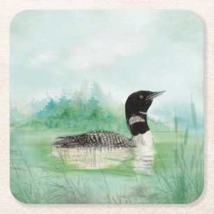 Watercolor Common Loon Bird Nature Art Square Paper Coaster