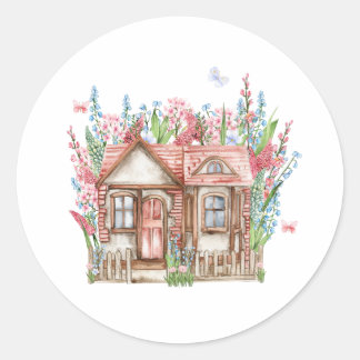 Watercolor composition of an old wooden farm house classic round sticker