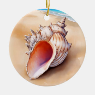 Watercolor Conch Shell on the Beach Ceramic Tree Decoration