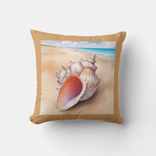 Watercolor Conch Shell on the Beach Cushion