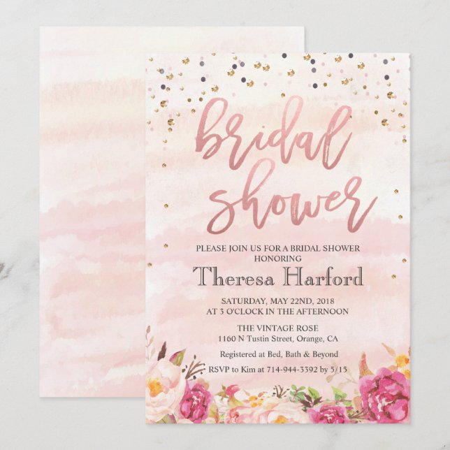 Watercolor Confetti Bridal Shower Invitation (Front/Back)