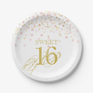 Watercolor Confetti Sweet 16 Elegant Pink Gold Paper Plate