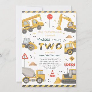 Watercolor Construction 2nd Birthday Party Invitation