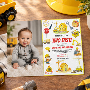 Watercolor Construction 2nd Birthday Party Invitation