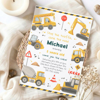 Watercolor Construction Birthday Party Invitation