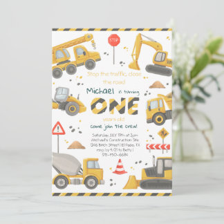Watercolor Construction Birthday Party Invitation