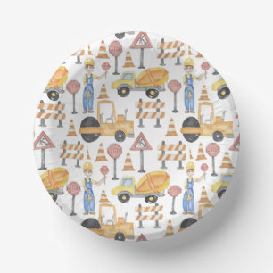 Watercolor Construction Themed Birthday Party Paper Plate