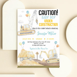 Watercolor Construction Trucks Baby Shower Invitation