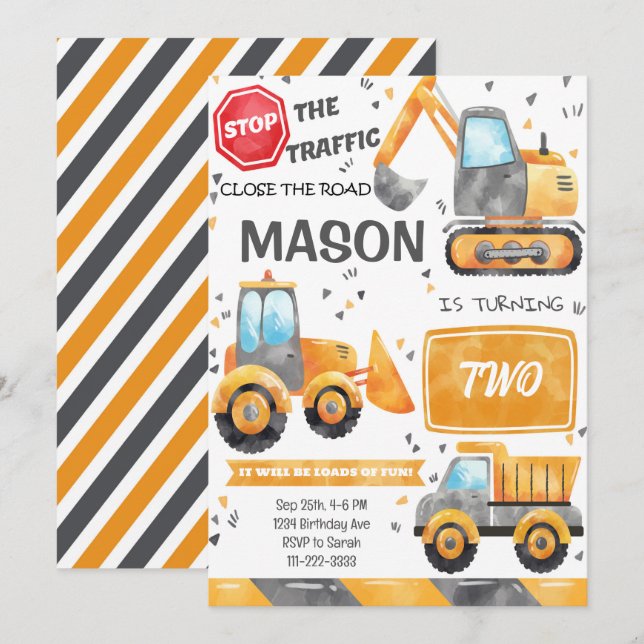 Watercolor Construction Trucks Birthday Invitation (Front/Back)