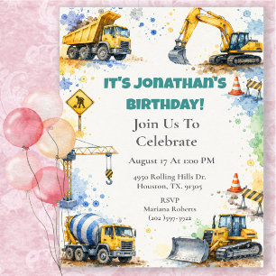 Watercolor Construction Trucks Birthday Party Invitation