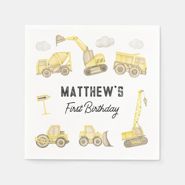 Watercolor Construction Vehicle First Birthday Napkin (Front)