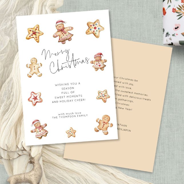 Watercolor Cookies Gingerbread Merry Christmas  Holiday Card (Front and back view)