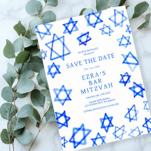 Watercolor Cool Blue Star of David Bar Bat Mitzvah Save The Date