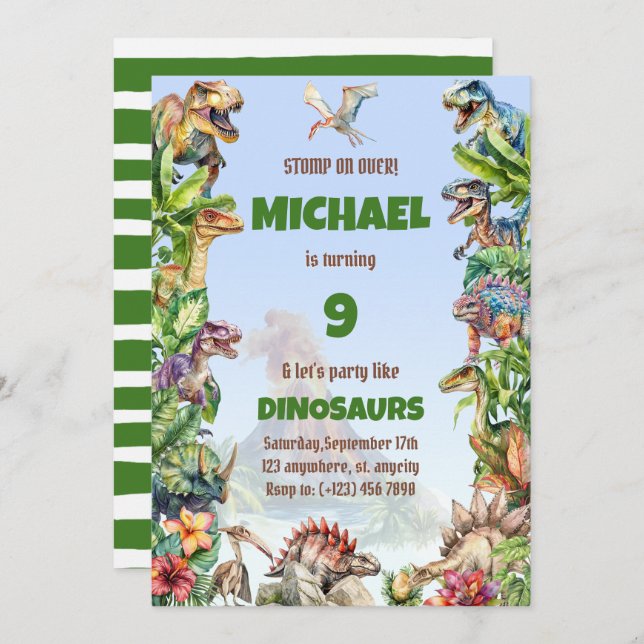 Watercolor Cool Realistic Dinosaur Birthday Invitation (Front/Back)