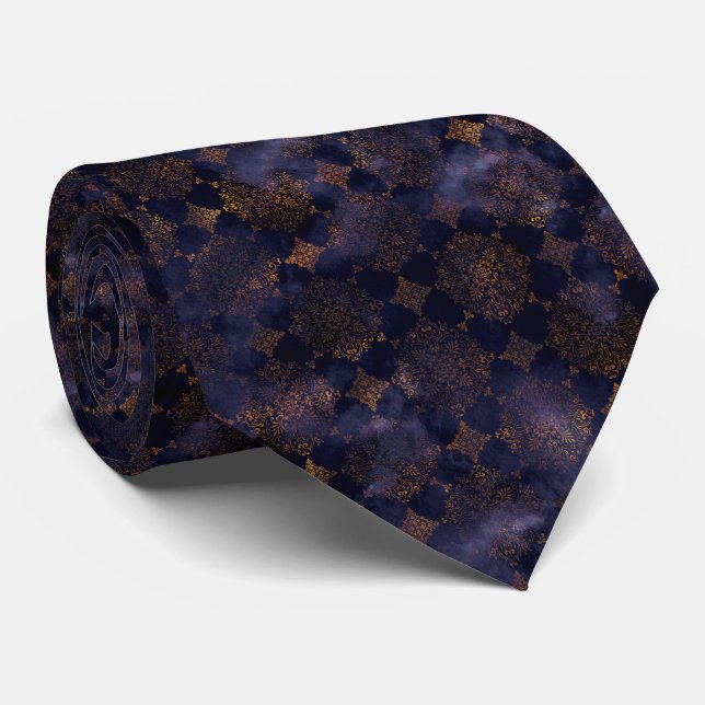 Watercolor Copper Patina Damask Pattern Tie (Rolled)