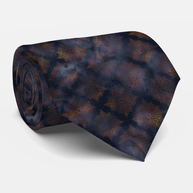 Watercolor Copper Patina Damask Pattern Tie (Rolled)