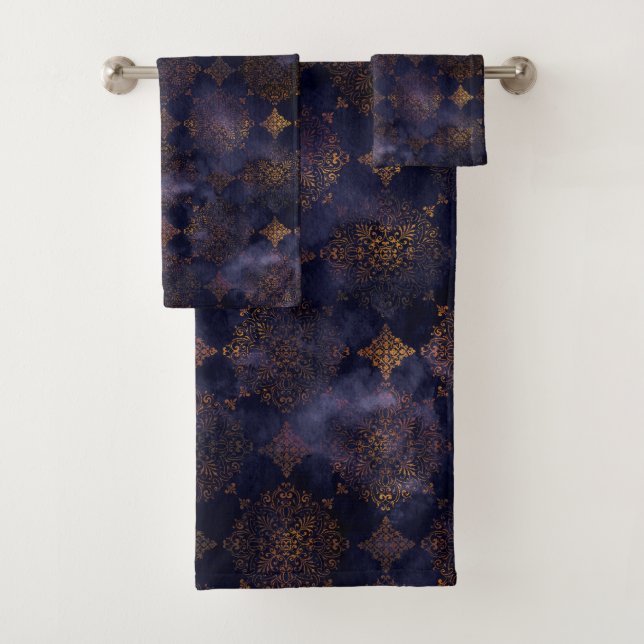 Watercolor Copper Patina Damask Pattern Towel (Insitu)