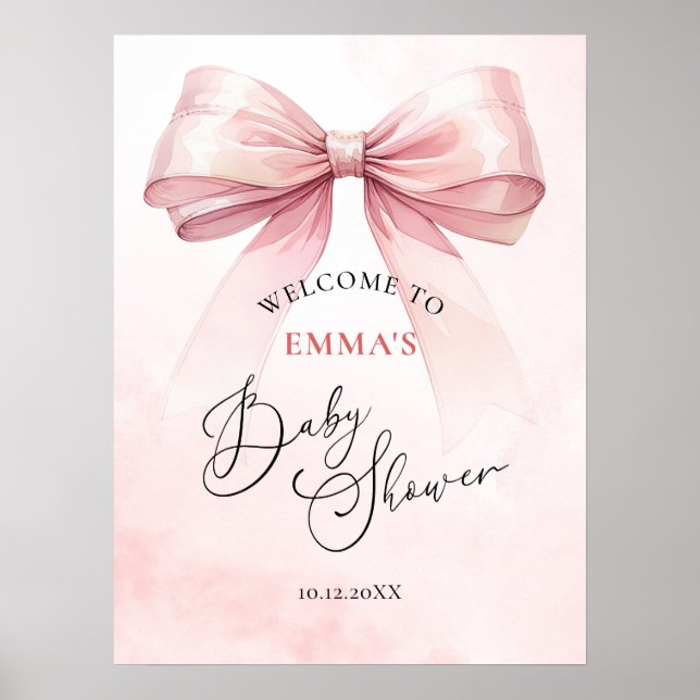 Watercolor Coquette Bow Baby Shower Welcome Poster (Front)