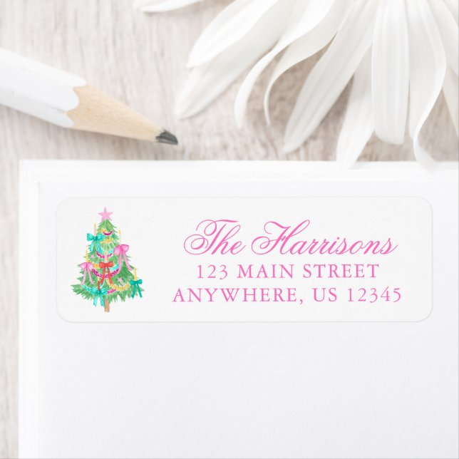 Watercolor Coquette Bow Christmas Tree Address (Insitu)