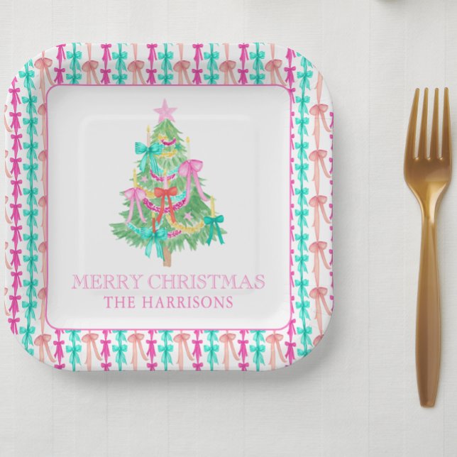 Watercolor Coquette Bow Christmas Tree  Paper Plate (Creator Uploaded)
