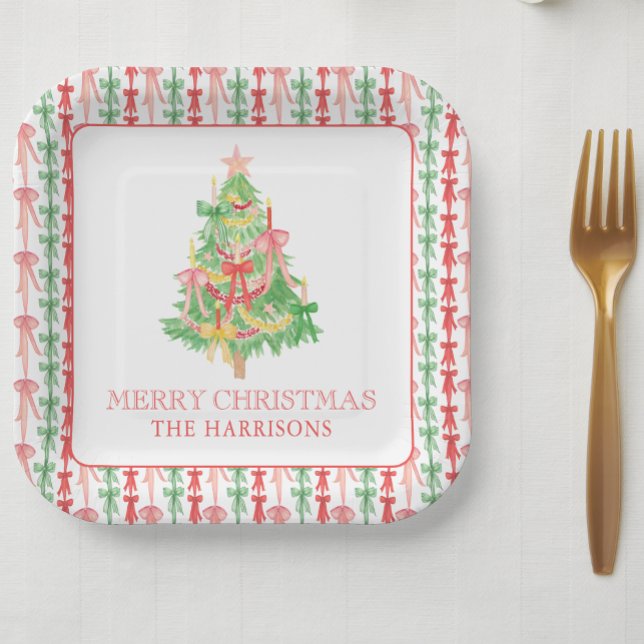Watercolor Coquette Bow Christmas Tree  Paper Plate (Creator Uploaded)