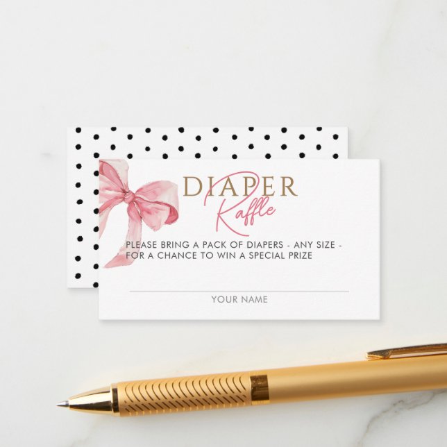 Watercolor Coquette Bow Diaper Raffle Baby Shower Enclosure Card (Front/Back In Situ)