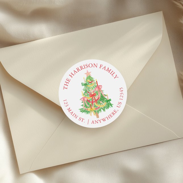 Watercolor Coquette Bows Christmas Tree Address Classic Round Sticker (Creator Uploaded)
