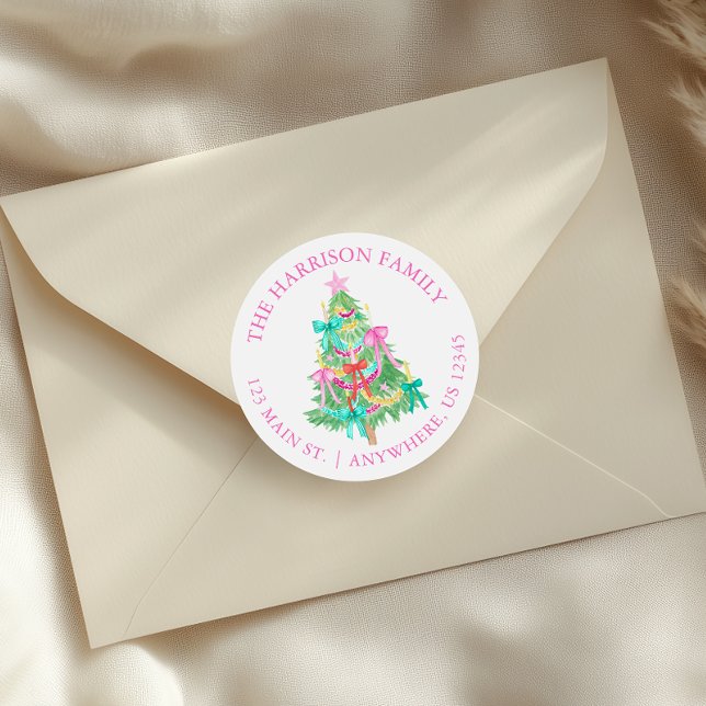 Watercolor Coquette Bows Christmas Tree Address Classic Round Sticker (Creator Uploaded)