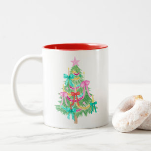 Watercolor Coquette Bows Christmas Tree Two-Tone Coffee Mug