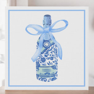 Watercolor Coquette Champagne Blue Bottle Preppy Faux Canvas Print