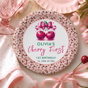 Watercolor Coquette Cherry 1st Birthday Paper Plate