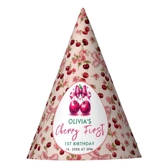 Watercolor Coquette Cherry 1st Birthday Party Hat (Front)