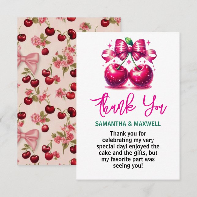 Watercolor Coquette Cherry 1st Birthday Party Thank You Card (Front/Back)