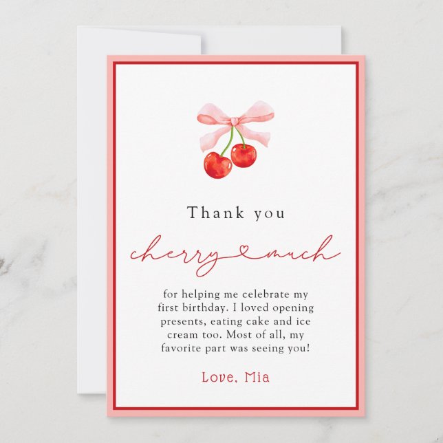 Watercolor Coquette Cherry Birthday Thank You Card (Front)