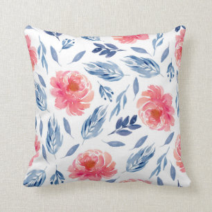 Watercolor coral and navy florals cushion