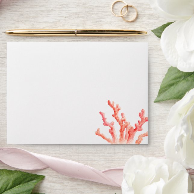 watercolor coral coastal beach wedding  envelope (Wedding)