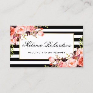 Watercolor Coral Floral Elegant Black Striped Business Card