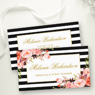 Watercolor Coral Floral Elegant Gold Black Striped Business Card