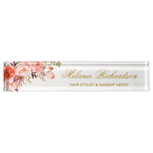Watercolor Coral Floral Gold Nameplate
