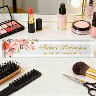 Watercolor Coral Floral Gold Nameplate