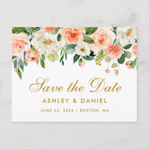 Watercolor Coral Floral Gold Save the Date Announcement Postcard