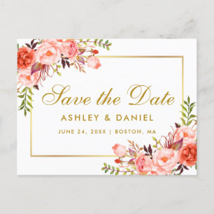 Watercolor Coral Floral Gold Save the Date Announcement Postcard