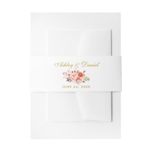 Watercolor Coral Floral Gold Wedding Invitation Belly Band