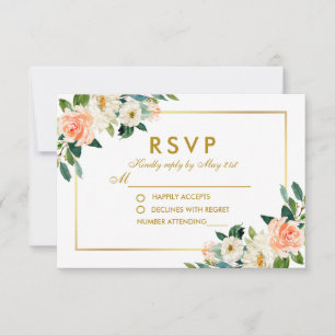 Watercolor Coral Floral Gold Wedding RSVP Card