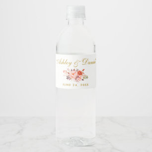 Watercolor Coral Floral Gold Wedding Water Bottle Label